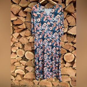 Handmade Women’s Boho 3XL Floral Blue Pink Dress Pockets 1960’s Retro Maxi Hippy